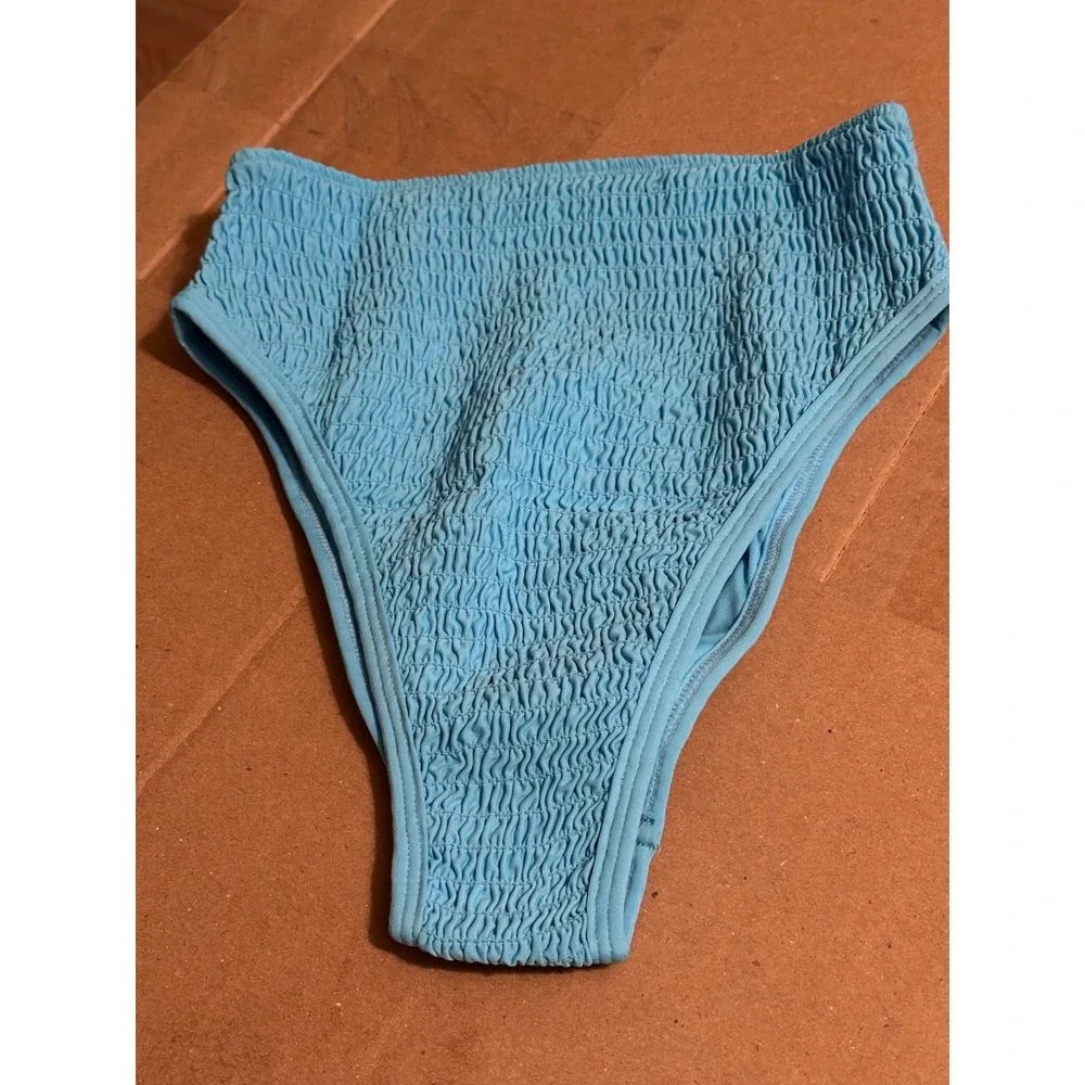 L Space Barlette Bitsy‎ Bikini Bottom Aquamarine Blue Smocked High Waist Size XS